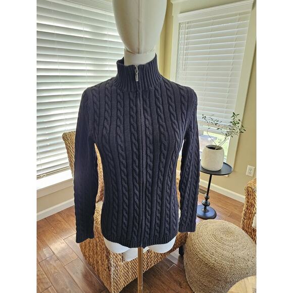 L.L Bean Cableknit Full Zip Cardigan Sweater Women's Size M Black - Picture 1 of 8